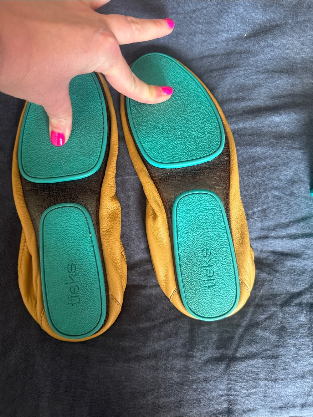 Tieks women  Ballet Flats in camel with Teal Soles